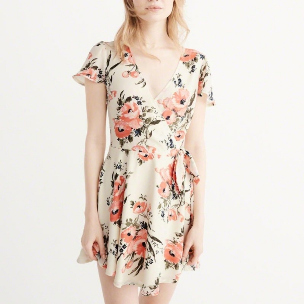 Abercrombie & Fitch Floral Wrap Mini Dress - Cream and Pink